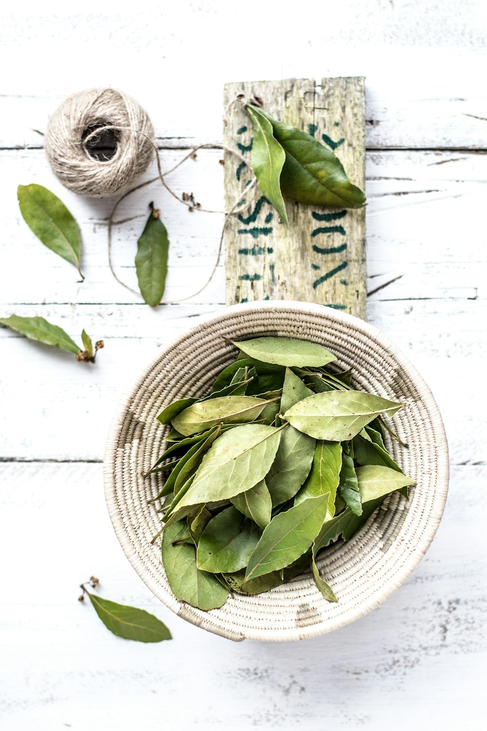 green leaves inside a bowl with ball of string beside