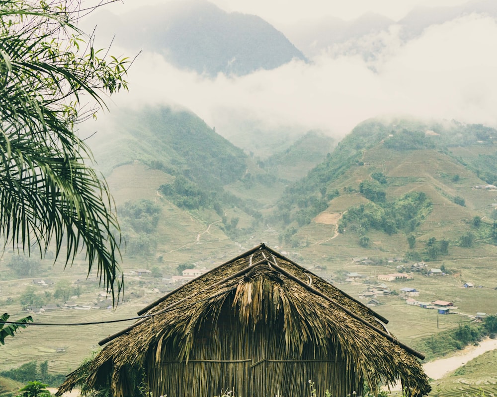 brown nipa hut near mountain