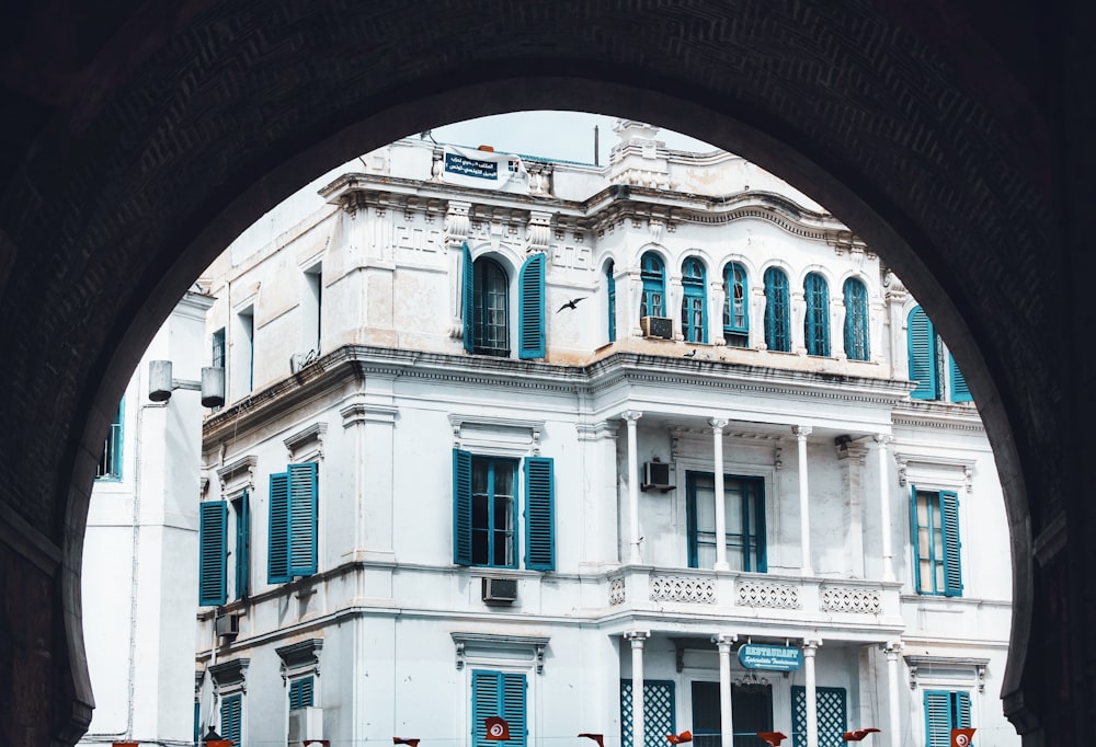 white and blue concrete building