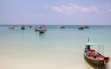 Small fishing boats are floating on a calm turquoise sea, with a clear blue sky above. A single boat with a turquoise canopy is anchored close to the shore, while several other boats are scattered in the distance.