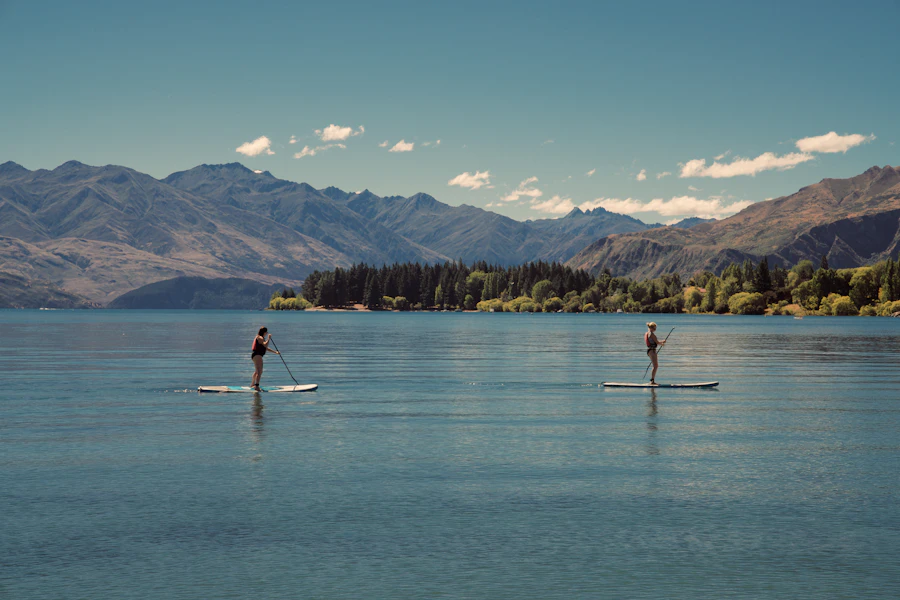 Two people paddleboarding on a calm lake
