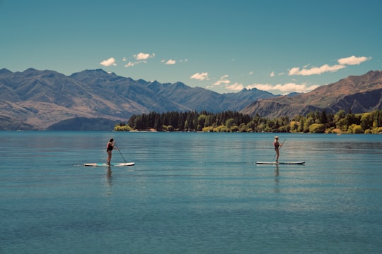 two person riding on paddle boards during daytime in Lake Wanaka New Zealand
