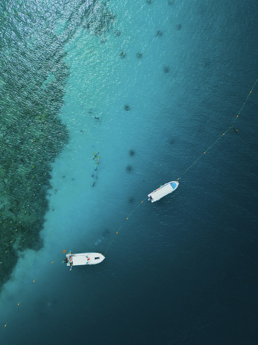 穏やかな海域に浮かぶ2隻の白いモーターボートの航空写真
