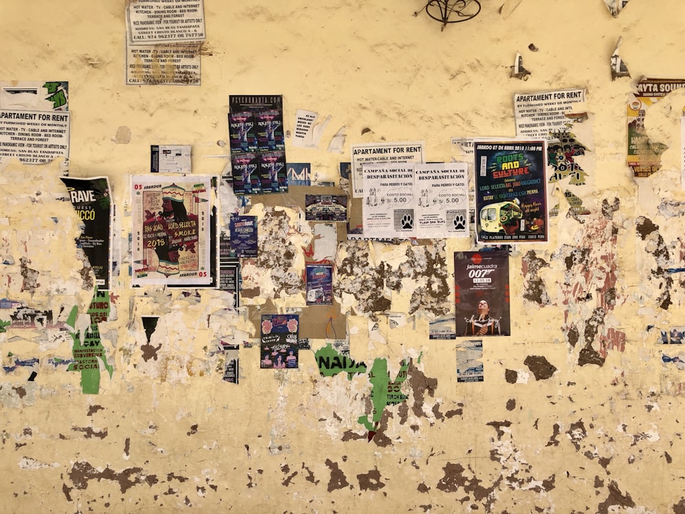 assorted posters on brown wall