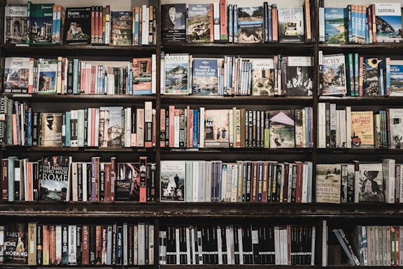 Wall-mounted bookshelves displaying an array of spiritual and metaphysical books