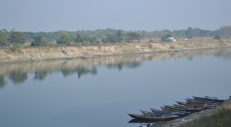 A serene river scene with traditional Bangladeshi boats gently floating near the shore under a soft blue sky.