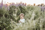 A child playing in a field of wildflowers, captured in a warm, golden hour glow.