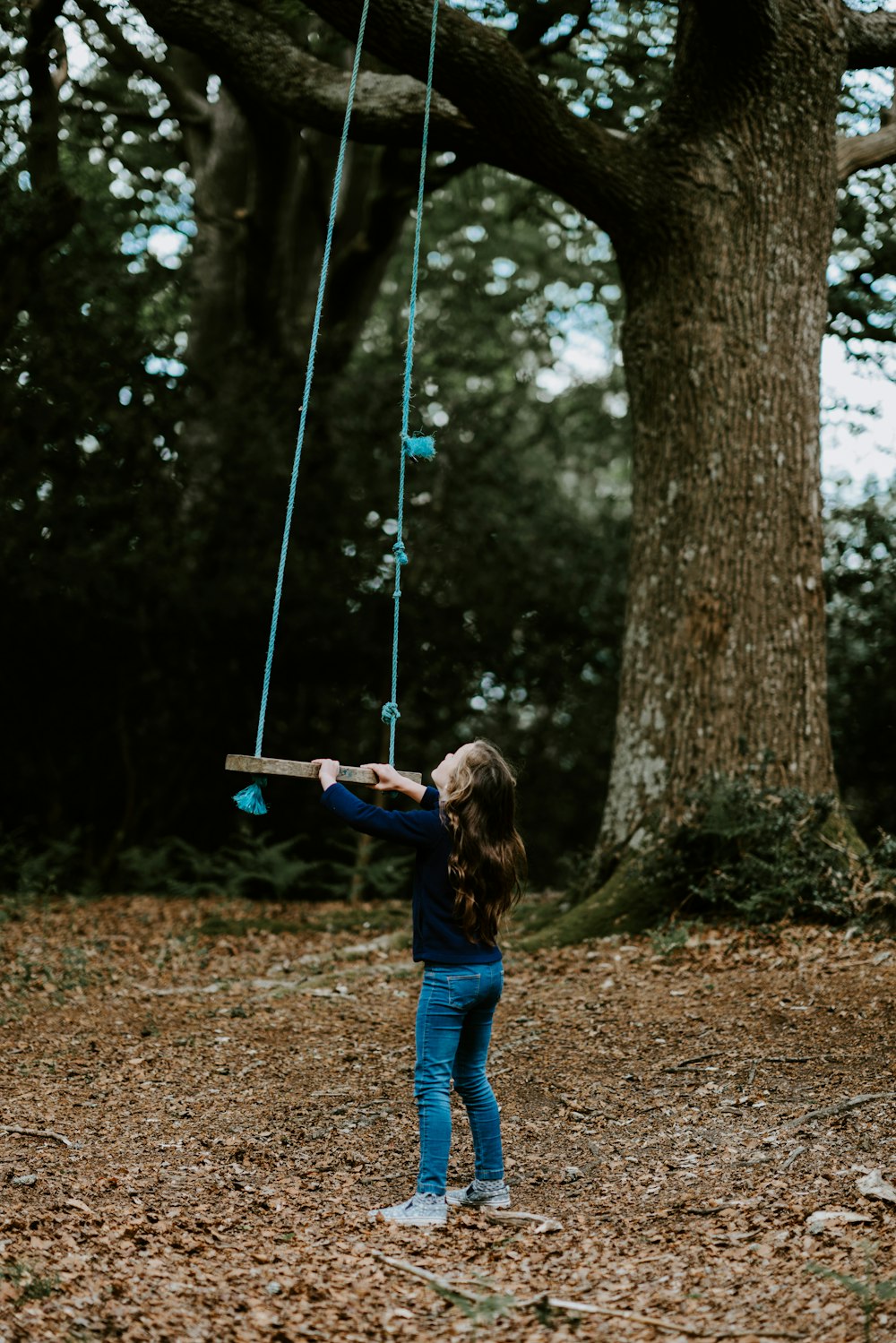 Ragazza che tiene l'altalena marrone sotto l'albero