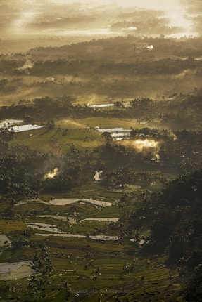 A breathtaking aerial view of terraced rice fields bathed in soft, golden sunlight. Mist gently rolls over the landscape, with scattered smoke rising from various spots, creating an ethereal atmosphere. The terraced fields are interwoven with lines of water that reflect the light, while patches of dense green forest surround the fields.