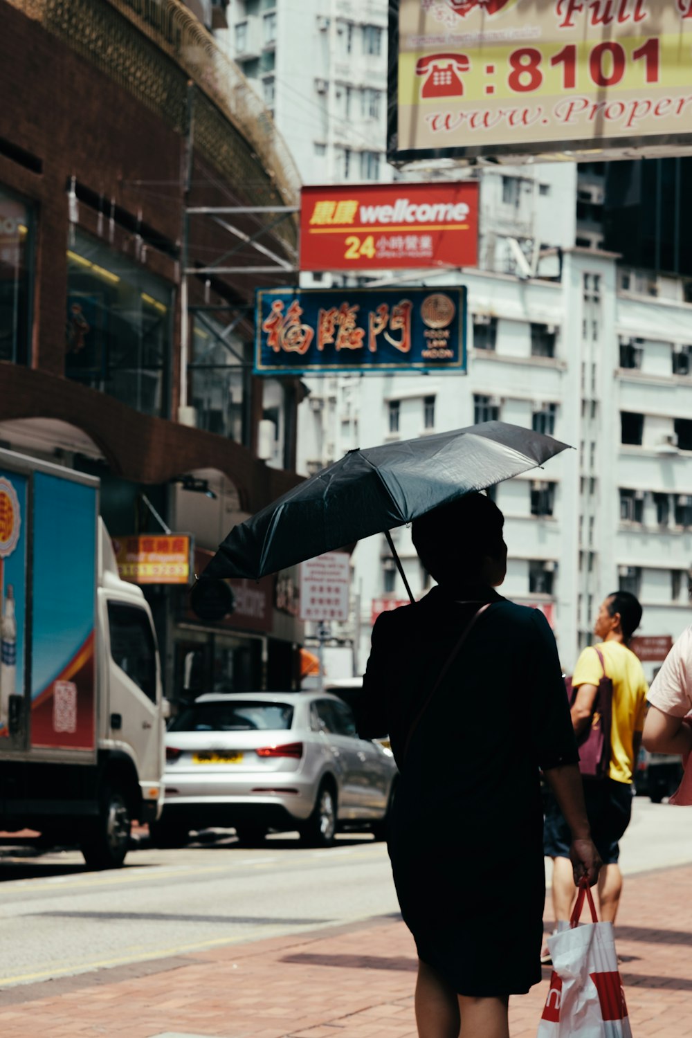 person holding umbrella walking on street