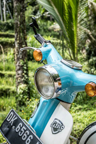 A colorful scooter parked by a palm-lined beach under a bright blue sky in Mauritius.