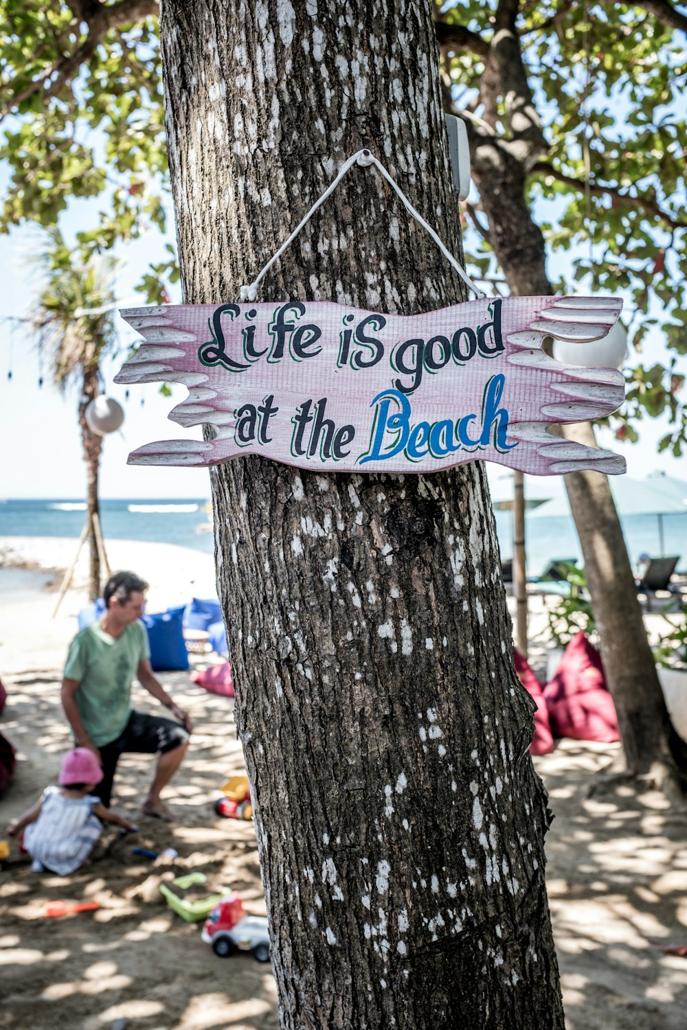 life is good at the beach signage on tree