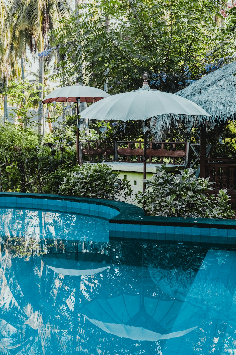 Água calma da piscina perto do guarda-chuva do pátio