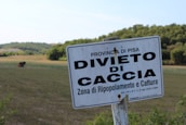 A sign with the words 'Provinca di Pisa Divieto di Caccia,' indicating a hunting prohibition area, is placed against a backdrop of a grassy field and a row of trees under a clear blue sky.