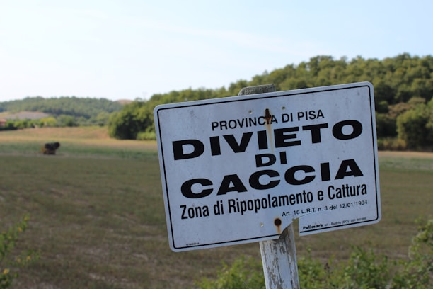 A sign with the words 'Provinca di Pisa Divieto di Caccia,' indicating a hunting prohibition area, is placed against a backdrop of a grassy field and a row of trees under a clear blue sky.