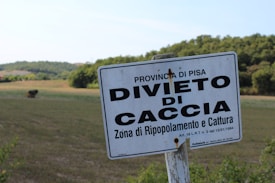 A sign with the words 'Provinca di Pisa Divieto di Caccia,' indicating a hunting prohibition area, is placed against a backdrop of a grassy field and a row of trees under a clear blue sky.