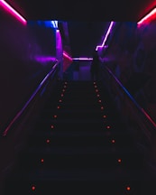 black and white staircase with purple lights