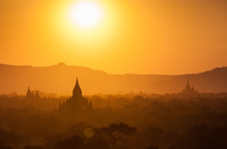 A stunning view of Bagan's ancient temples at sunset.