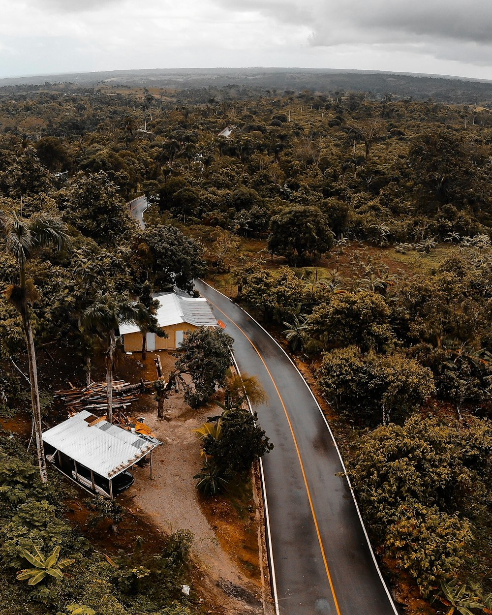 an aerial view of a road surrounded by trees