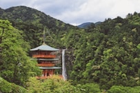 pagoda near waterfalls