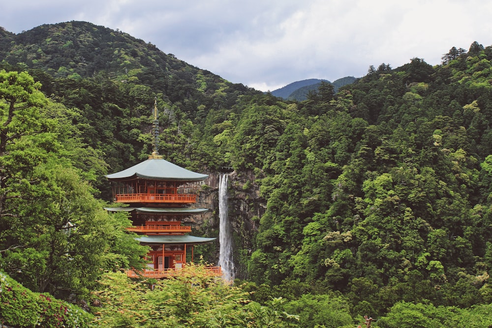 pagoda near waterfalls