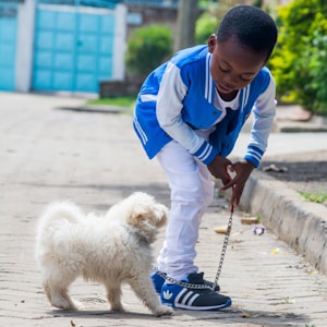 boy taking a walk with dog