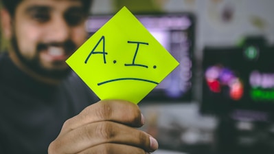 person holding green paper saying "AI"