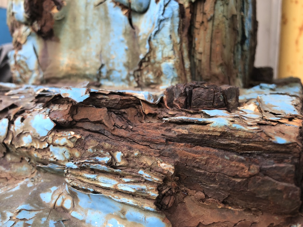 a close up of a piece of wood with blue paint