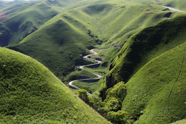 landscape photography,how to photograph came across this perfectly snaking road on a short stop driving in aso, japan.; aerial view of mountain hills