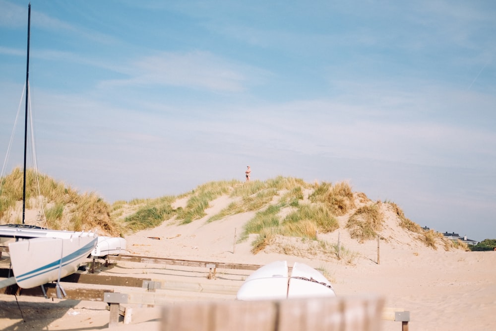 person standing on top of brown and green hill under blue sky