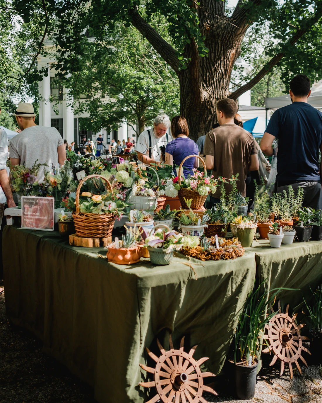 Shoppers browsing produce stalls at an outdoor market
