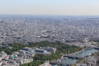 A vast cityscape view of Paris is visible, with a dense array of historic and modern buildings sprawling across the horizon. The iconic glass-and-steel roof of the Grand Palais is prominent in the foreground, surrounded by lush greenery. The River Seine flows through the city, with several bridges crossing it. A large Ferris wheel stands near the river, adding a modern touch to the classic architecture.