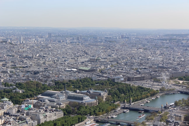 A vast cityscape view of Paris is visible, with a dense array of historic and modern buildings sprawling across the horizon. The iconic glass-and-steel roof of the Grand Palais is prominent in the foreground, surrounded by lush greenery. The River Seine flows through the city, with several bridges crossing it. A large Ferris wheel stands near the river, adding a modern touch to the classic architecture.