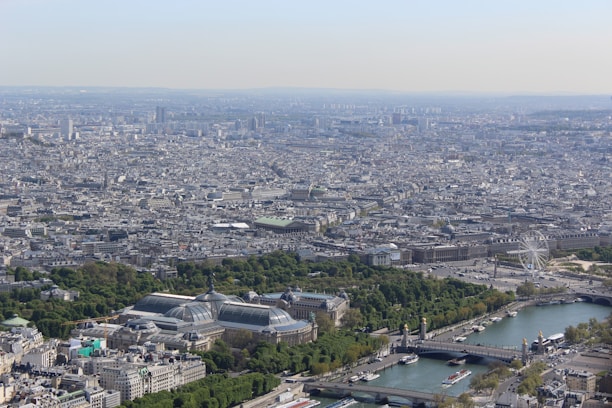 A vast cityscape view of Paris is visible, with a dense array of historic and modern buildings sprawling across the horizon. The iconic glass-and-steel roof of the Grand Palais is prominent in the foreground, surrounded by lush greenery. The River Seine flows through the city, with several bridges crossing it. A large Ferris wheel stands near the river, adding a modern touch to the classic architecture.
