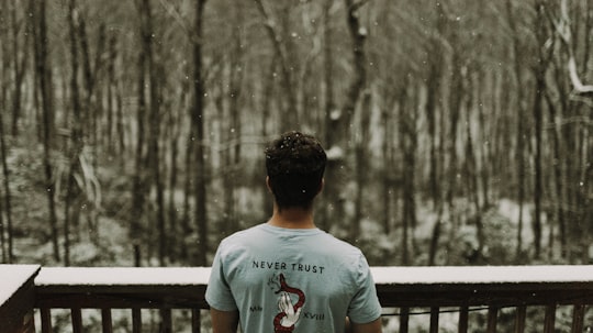 man wearing gray T-shirt standing beside brown wooden railing during snowy day in Boone United States