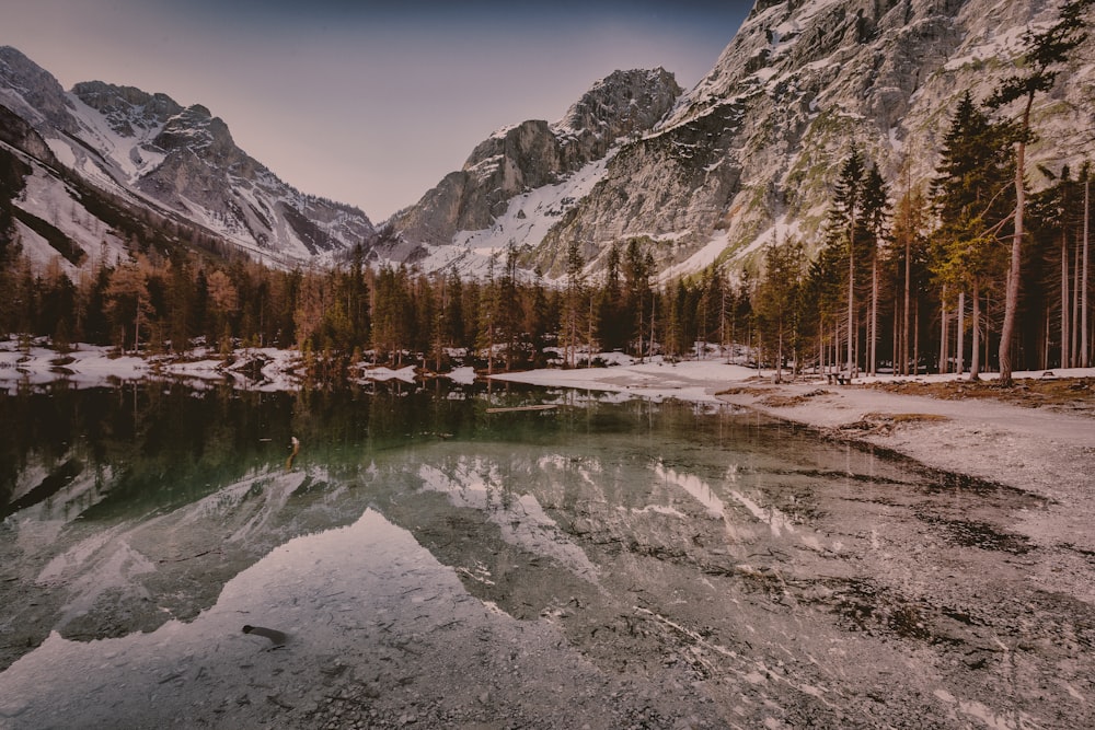 lake surrounded by pine forest on the foot of a mountain during winter