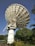 A large satellite dish is positioned against a clear blue sky. The structure is metallic and intricate, towering over green foliage and well-maintained gardens. Palm trees and various bushes surround the base of the satellite.