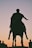 A silhouetted statue of a person on horseback stands against a gradient sky transitioning from a soft orange at the horizon to a gentle pink. The figure appears to be historic, likely a leader or warrior, with draped clothing visible in the silhouette.