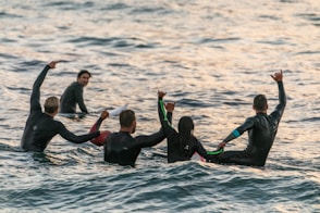 people wearing black wetsuits in body of water