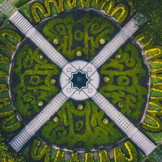 An intricately designed garden with a symmetrical layout, featuring a central circular area with a star-shaped fountain. The surrounding garden is divided into sections by four pathways, each lined with neatly trimmed hedges and manicured plants. The pattern within the greenery appears artistic and well-maintained, with a mixture of light and dark green shades creating a vivid contrast.