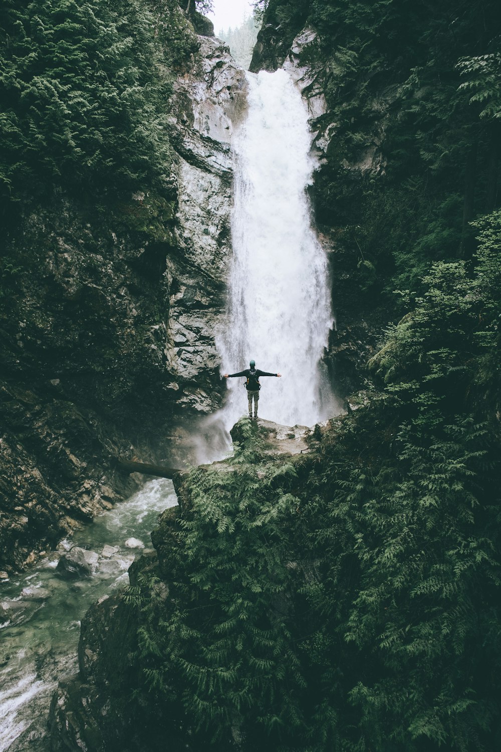 man standing at the cliff in front of the fall