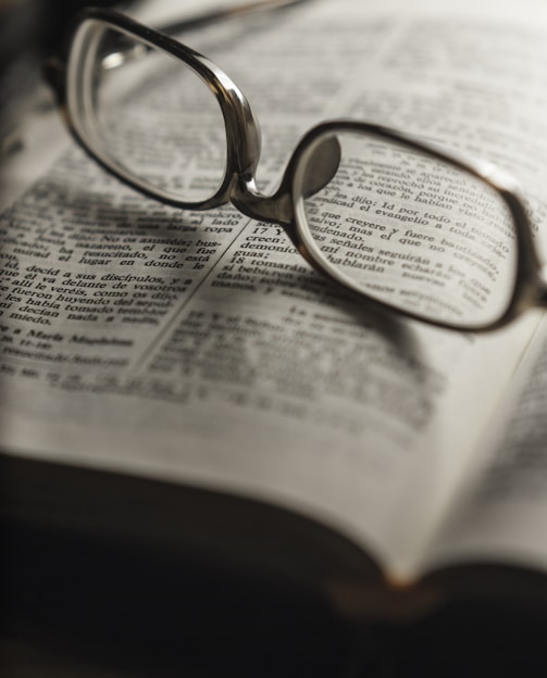 tilt-shift photography of eyeglasses with silver-colored frames