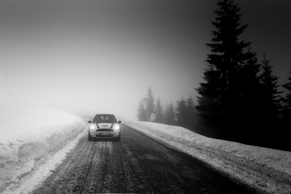 grayscale photo of car in between snow and tree