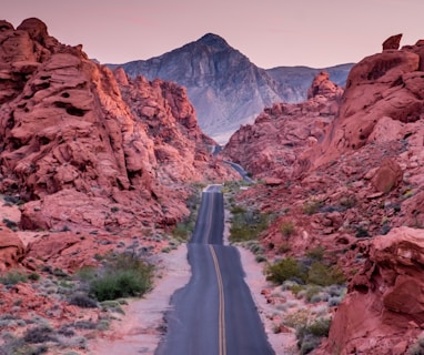 photo of empty road between rock formations