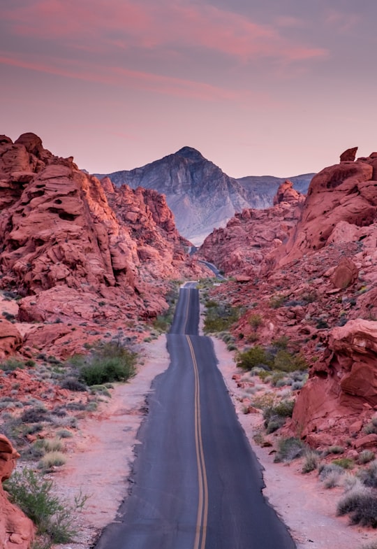photo of empty road between rock formations in Nevada United States