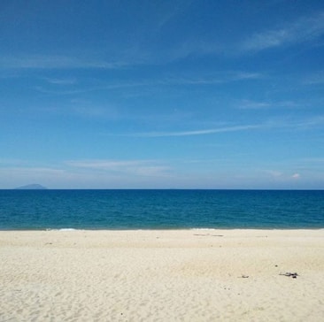 A serene beach with golden sand leading to calm blue waters and a clear sky overhead.