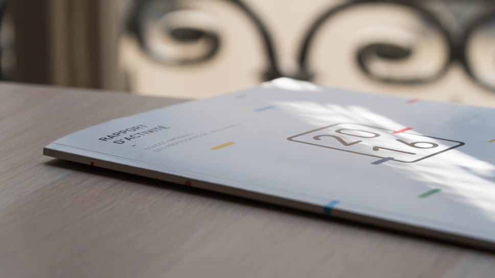A glossy, professionally printed booklet lies on a wooden surface. The cover prominently displays the year 2016 and the title 'RAPPORT D&rsquo;ACTIVIT&Eacute;' in a minimalist design. Soft shadows and natural light play across the surface, creating a calm and sophisticated ambiance.