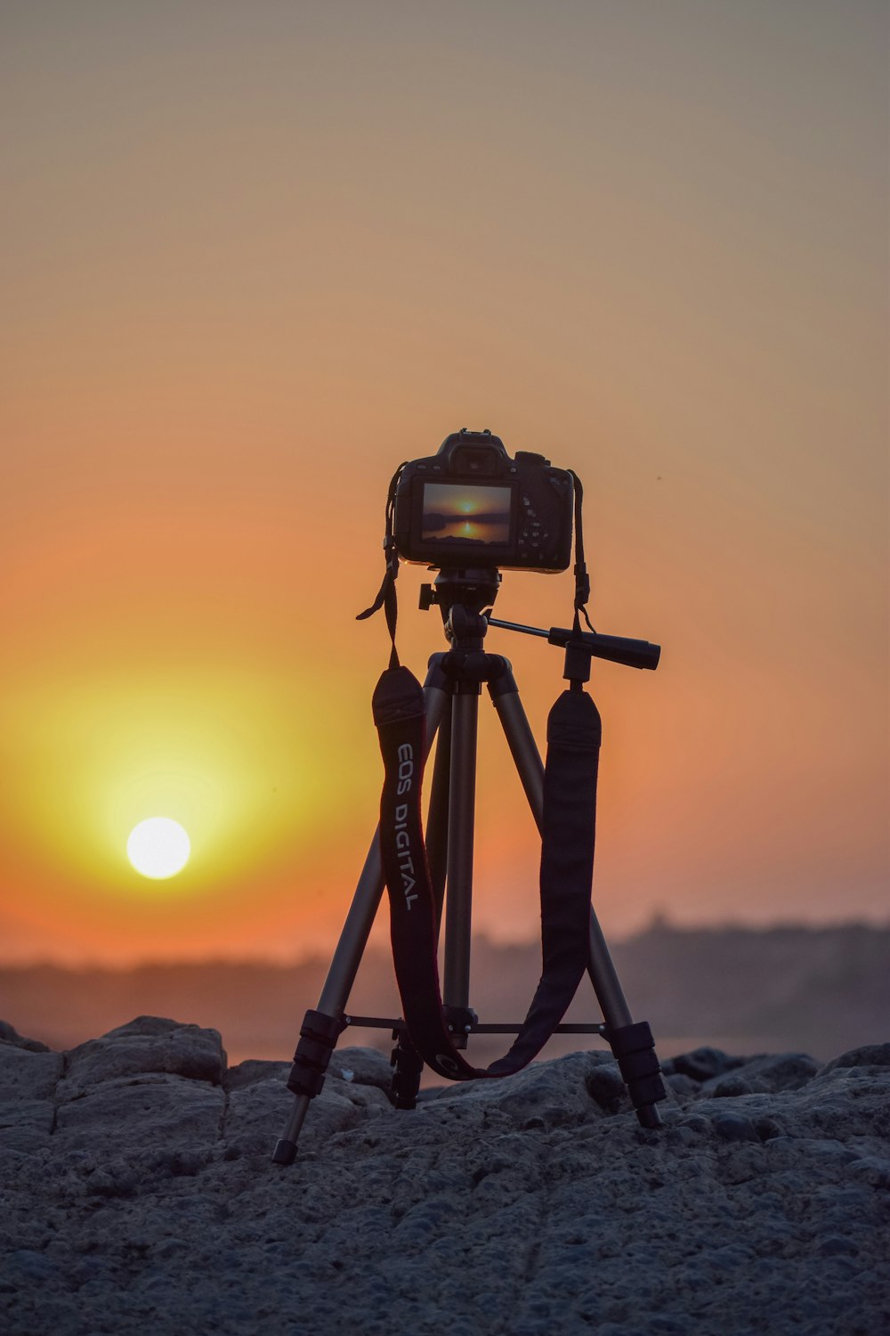 black DSLR camera on tripod