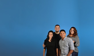family photo with blue background