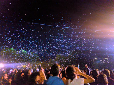 A crowd of people in deep reflection under a sky filled with shimmering particles and light beams.